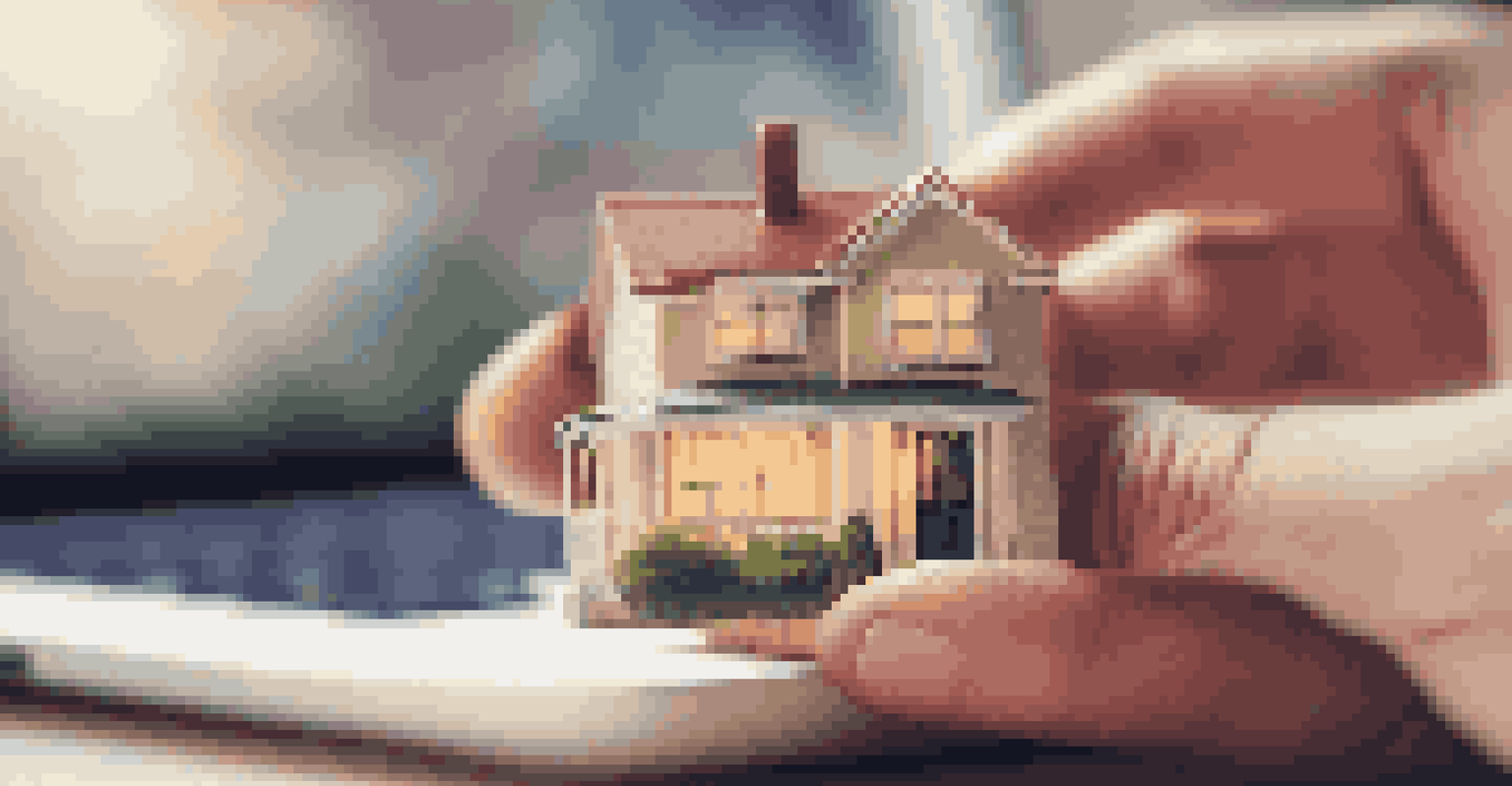 A close-up of a hand holding a miniature house model in front of a blurred laptop screen showing a crowdfunding website.