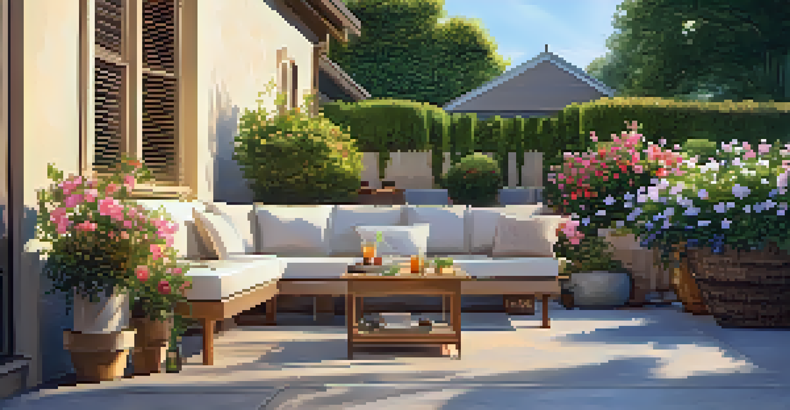 A peaceful outdoor patio with comfortable seating, colorful flowers, and a small table with a drink, illuminated by golden hour sunlight.
