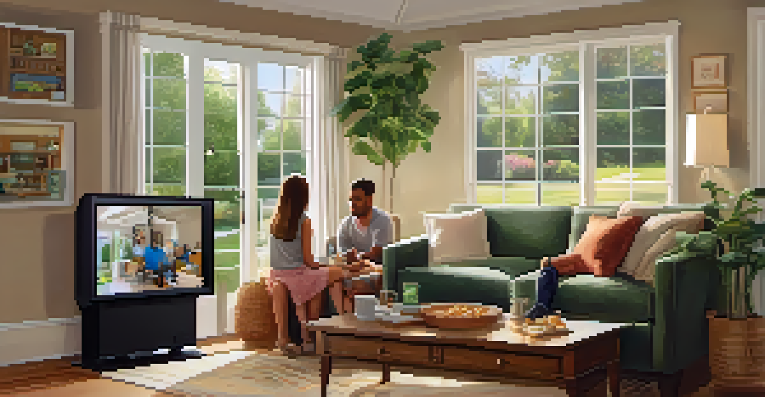 A family in a cozy living room, viewing live footage from their home security system on a tablet.