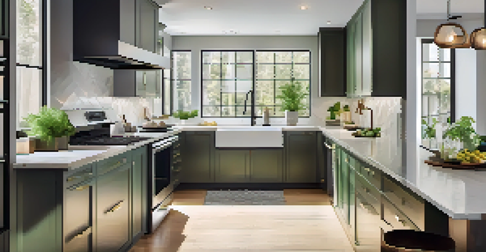 A modern kitchen with new appliances and countertops, illuminated by natural light.