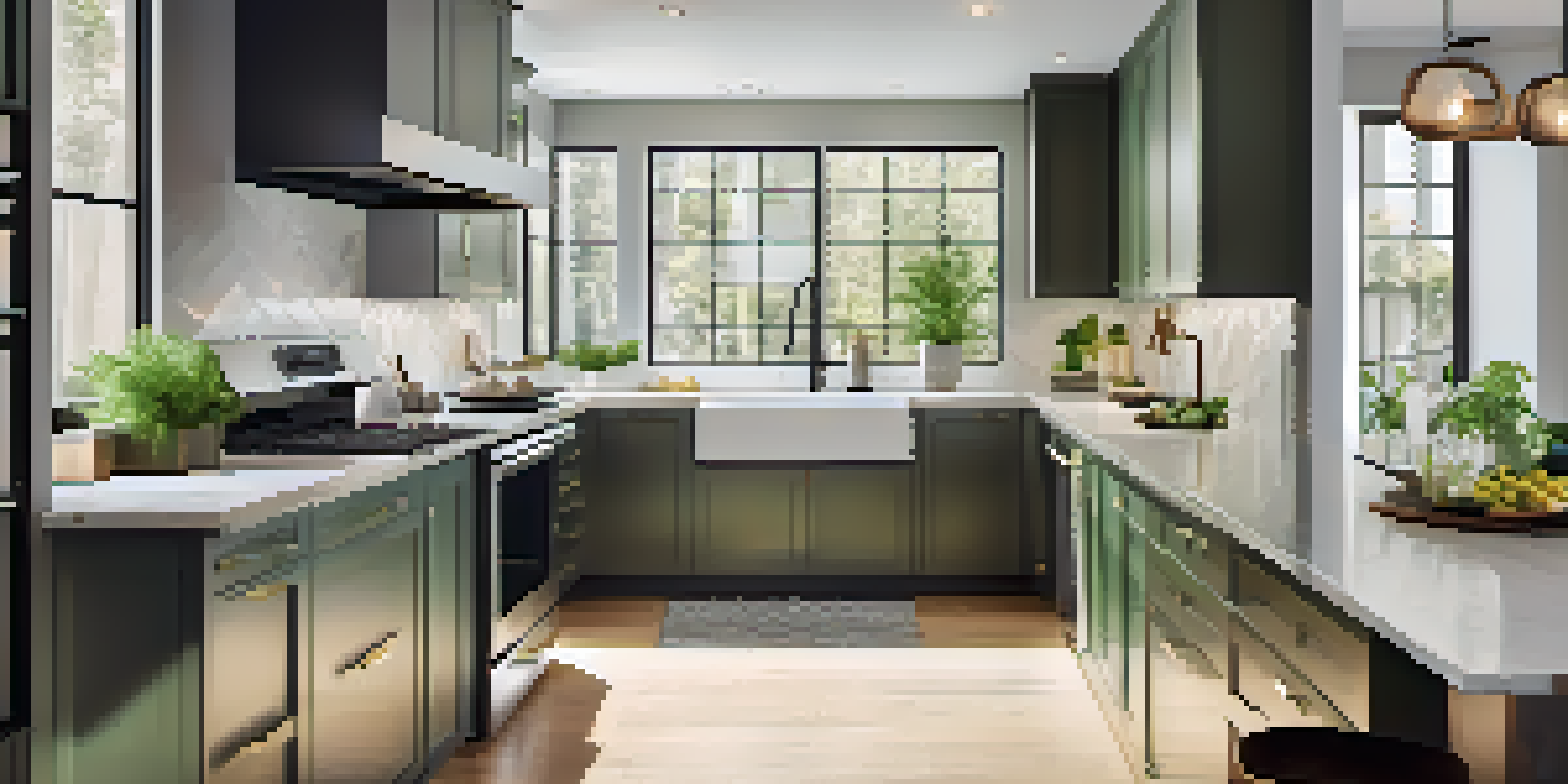 A modern kitchen with new appliances and countertops, illuminated by natural light.