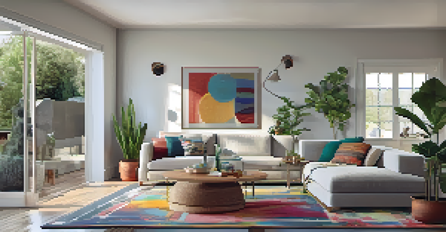 A cozy living room with an open floor plan, stylish furniture, and warm lighting.