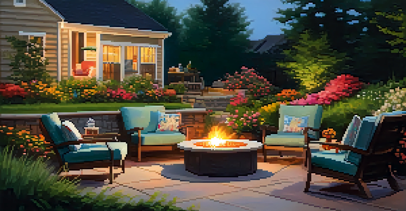 A landscaped backyard with a comfortable patio, lounge chairs, a fire pit, and blooming flowers in soft evening light.