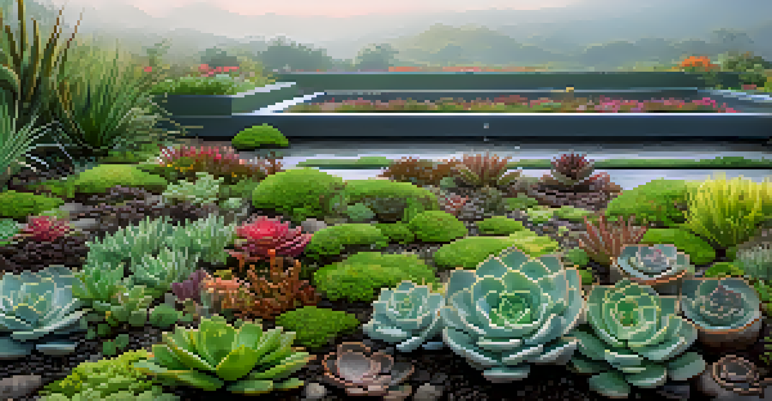 Close-up view of a green roof garden featuring diverse plants, with water droplets on the leaves and a blurred background.