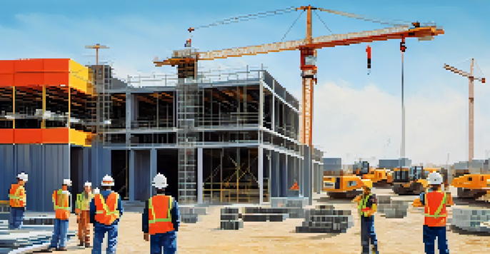 A construction site with prefabricated modules, workers in hard hats, and cranes against a clear blue sky.