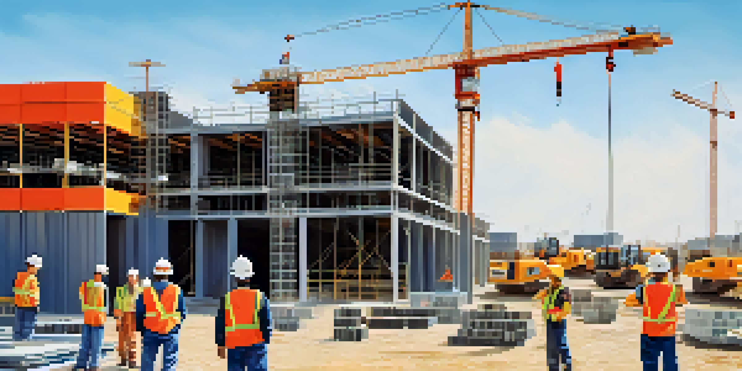 A construction site with prefabricated modules, workers in hard hats, and cranes against a clear blue sky.