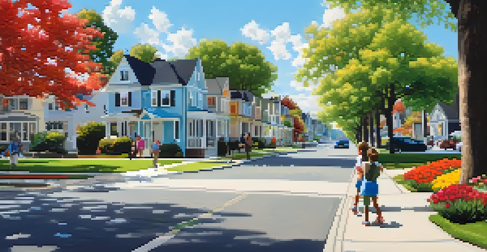 A peaceful neighborhood with residential homes and small shops, children playing in a park, and people walking on the sidewalk under a clear blue sky.