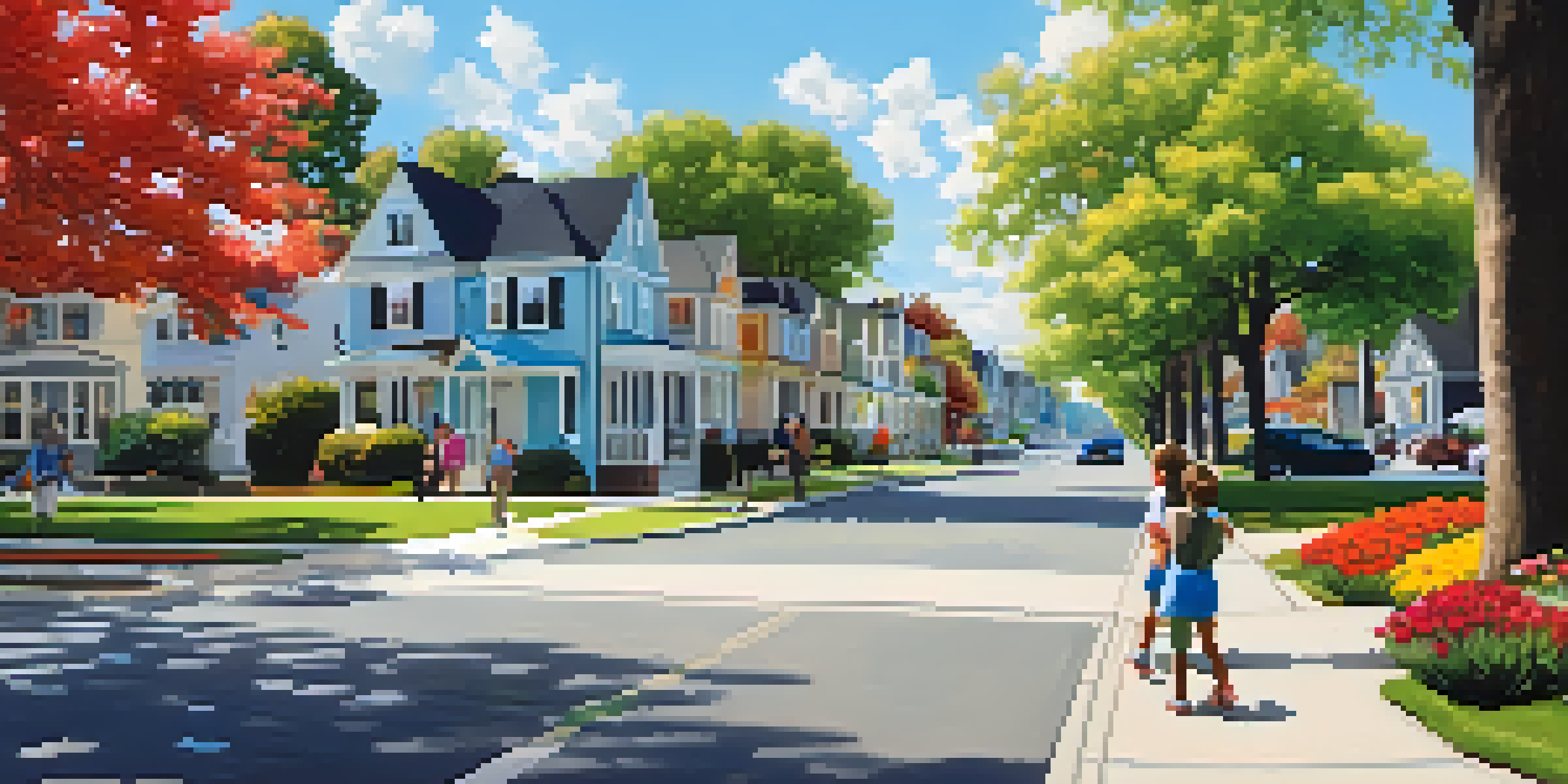 A peaceful neighborhood with residential homes and small shops, children playing in a park, and people walking on the sidewalk under a clear blue sky.