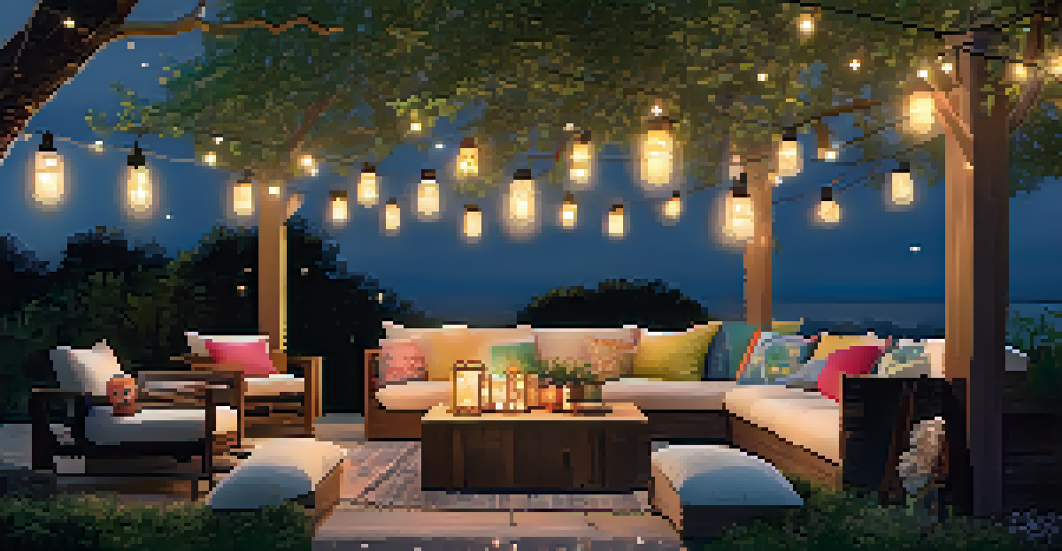 A magical summer evening patio illuminated by string lights and lanterns, surrounded by colorful cushions.