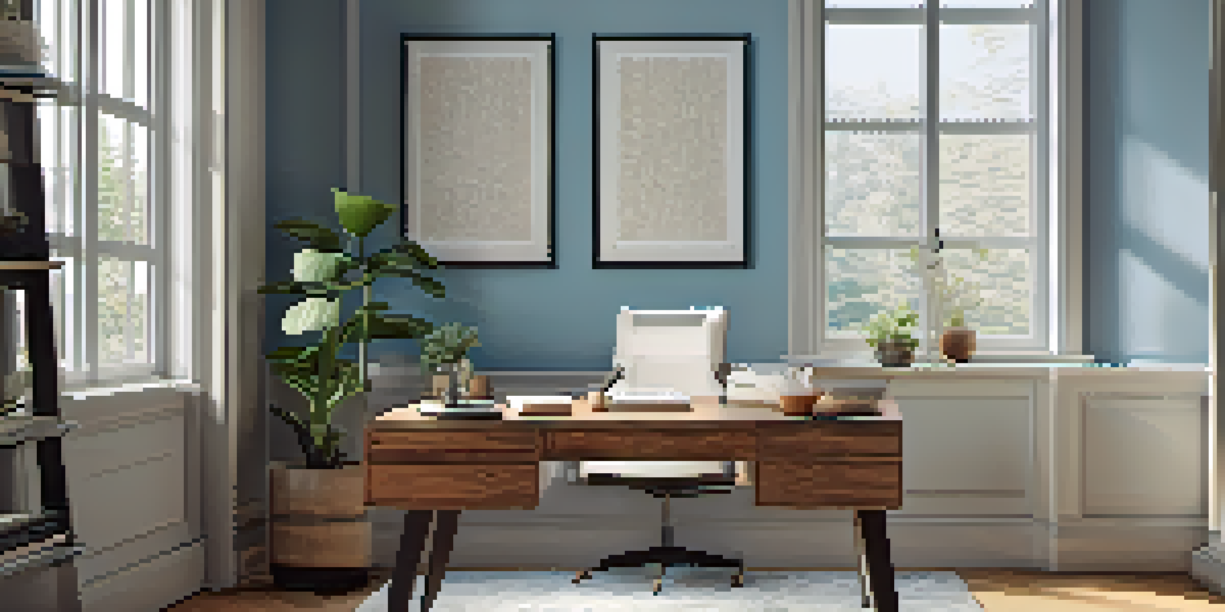 A cozy home office featuring a wooden desk by a window, light blue walls with art, an ergonomic chair, and a succulent plant.