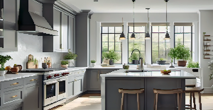 A modern kitchen with renovated features, bright lighting, and fresh herbs on the windowsill.