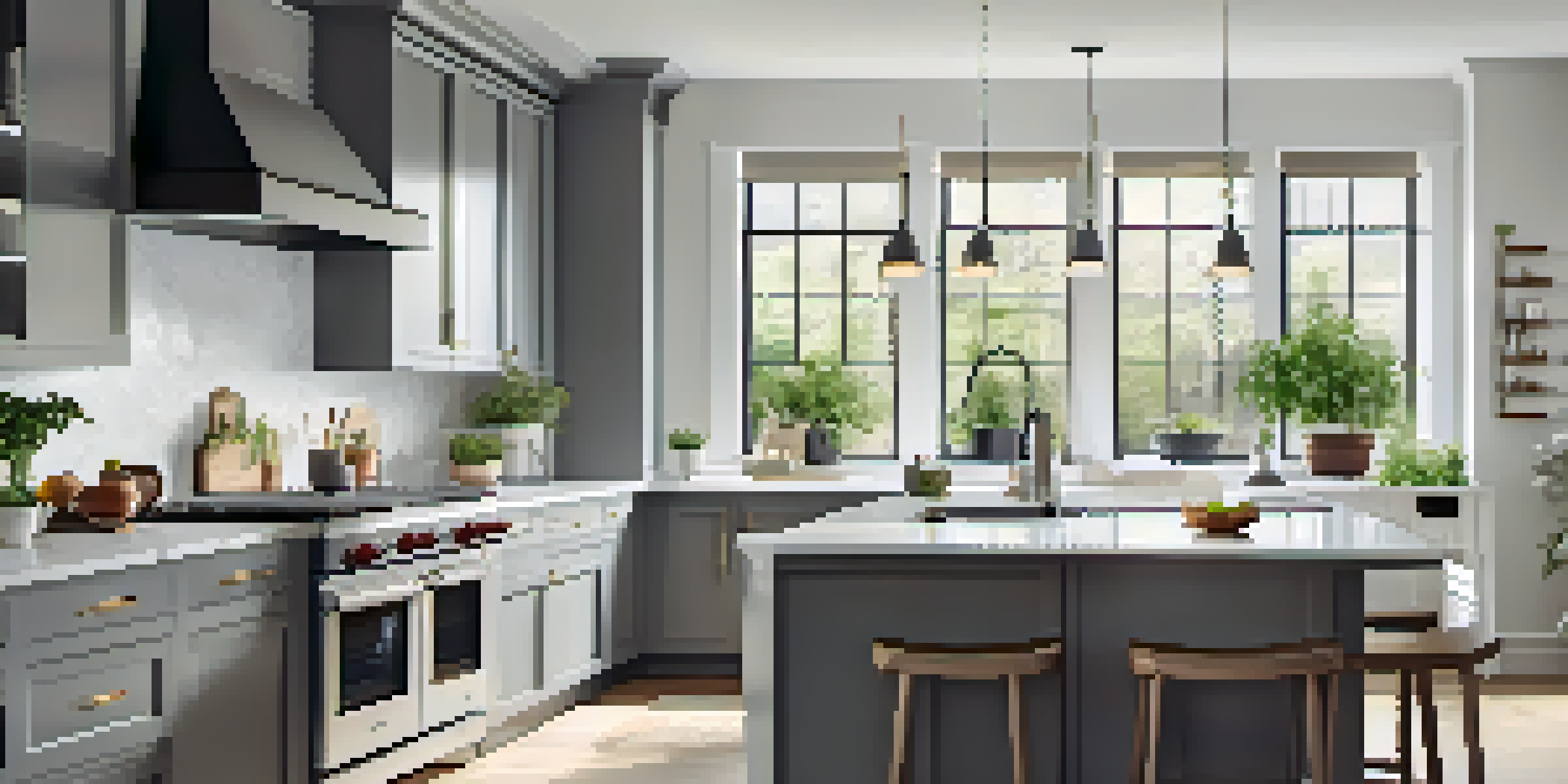 A modern kitchen with renovated features, bright lighting, and fresh herbs on the windowsill.