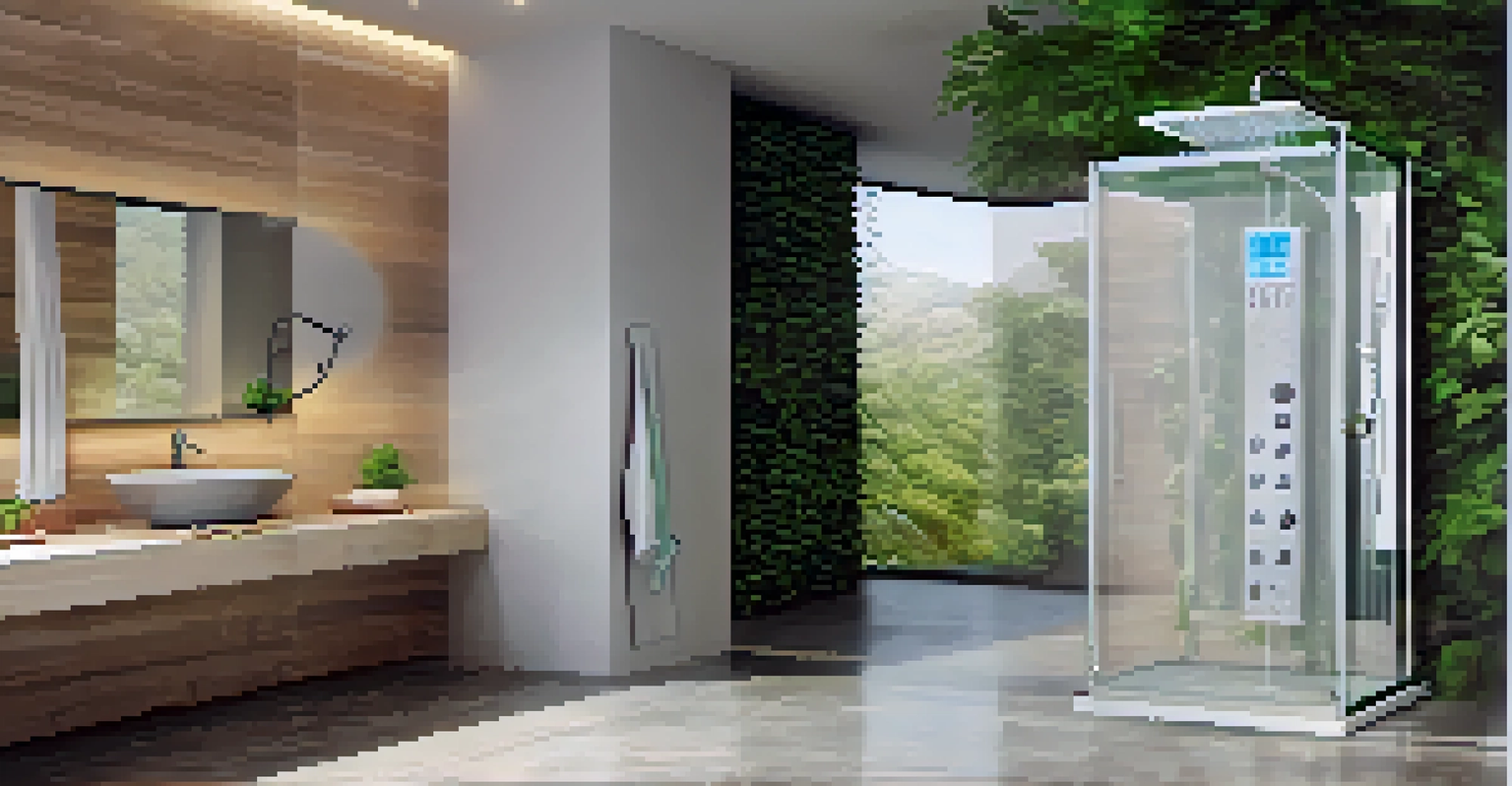 An eco-friendly smart shower with a digital control panel and a rain showerhead, surrounded by natural stone tiles and greenery.