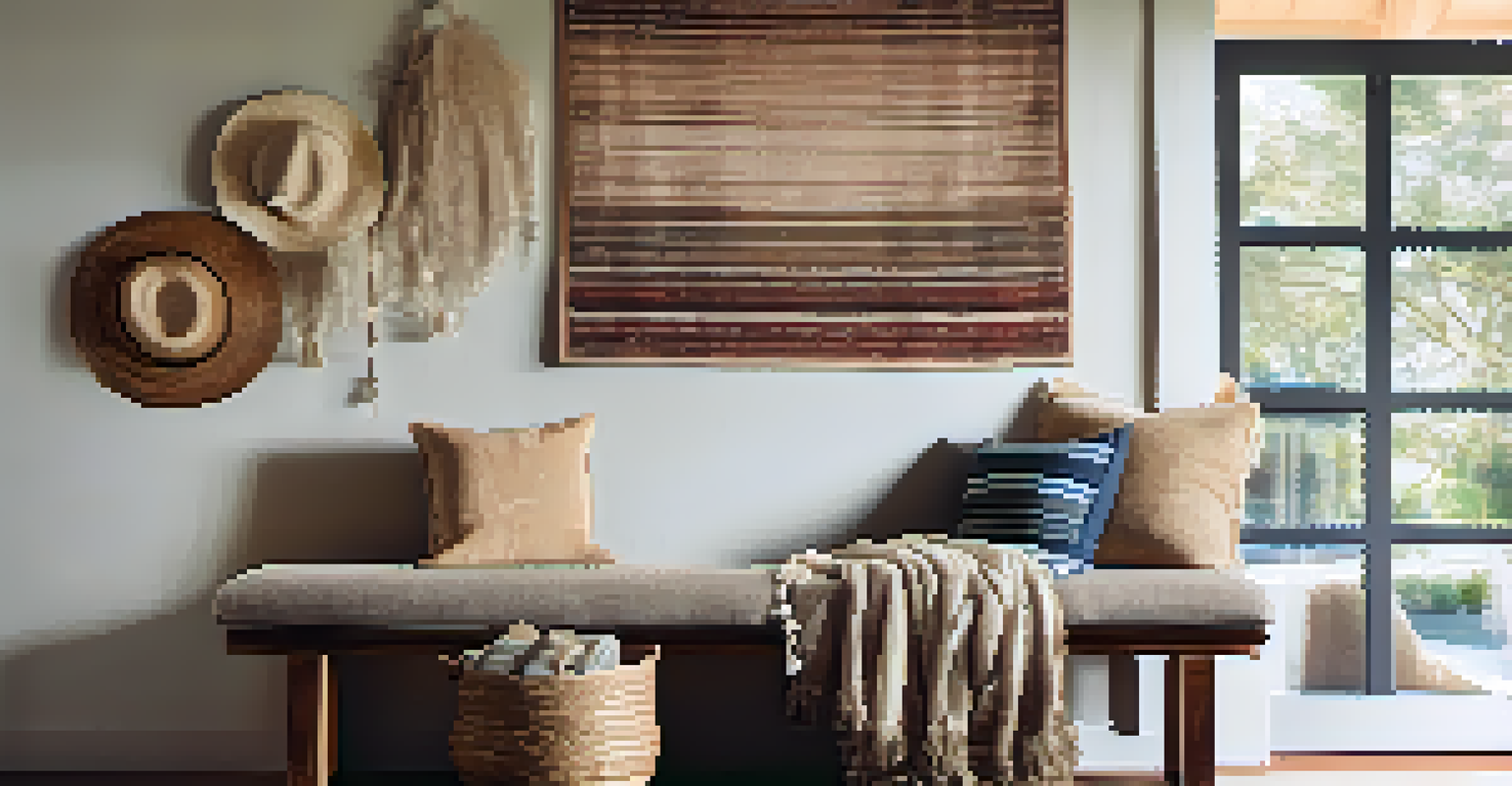 A modern entryway with a plush shag rug, textured mat, decorative throw pillows on a bench, and a tapestry on the wall, illuminated by soft lighting.