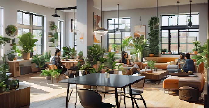 A bright and inviting co-living space with individual workstations and communal areas, where young professionals are collaborating and socializing.