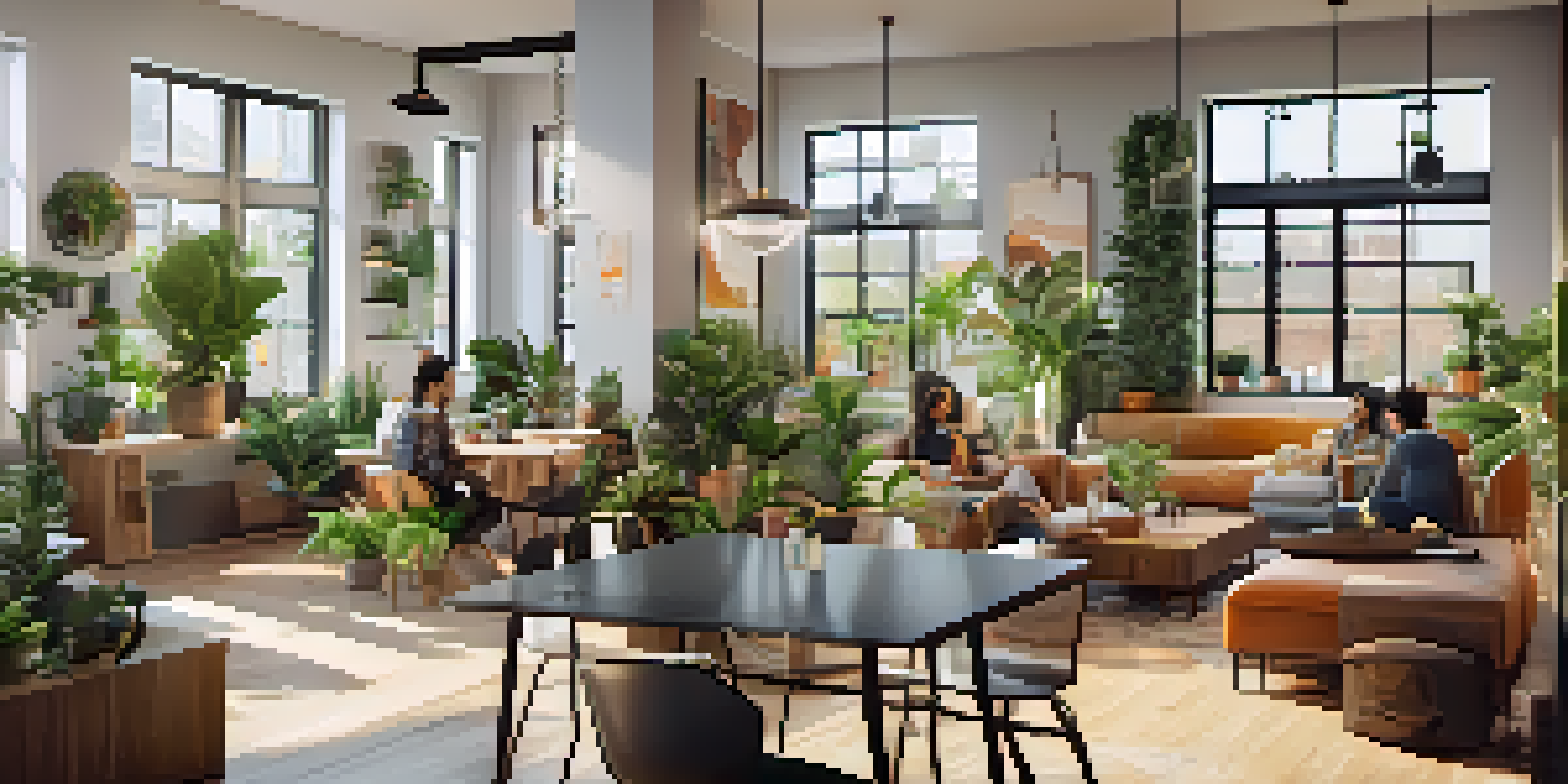 A bright and inviting co-living space with individual workstations and communal areas, where young professionals are collaborating and socializing.