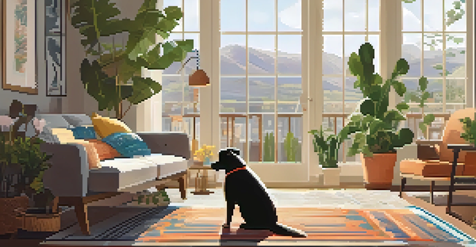 A comfortable living room featuring a dog resting on a rug and a cat on the windowsill, with sunlight streaming in, creating a warm atmosphere.