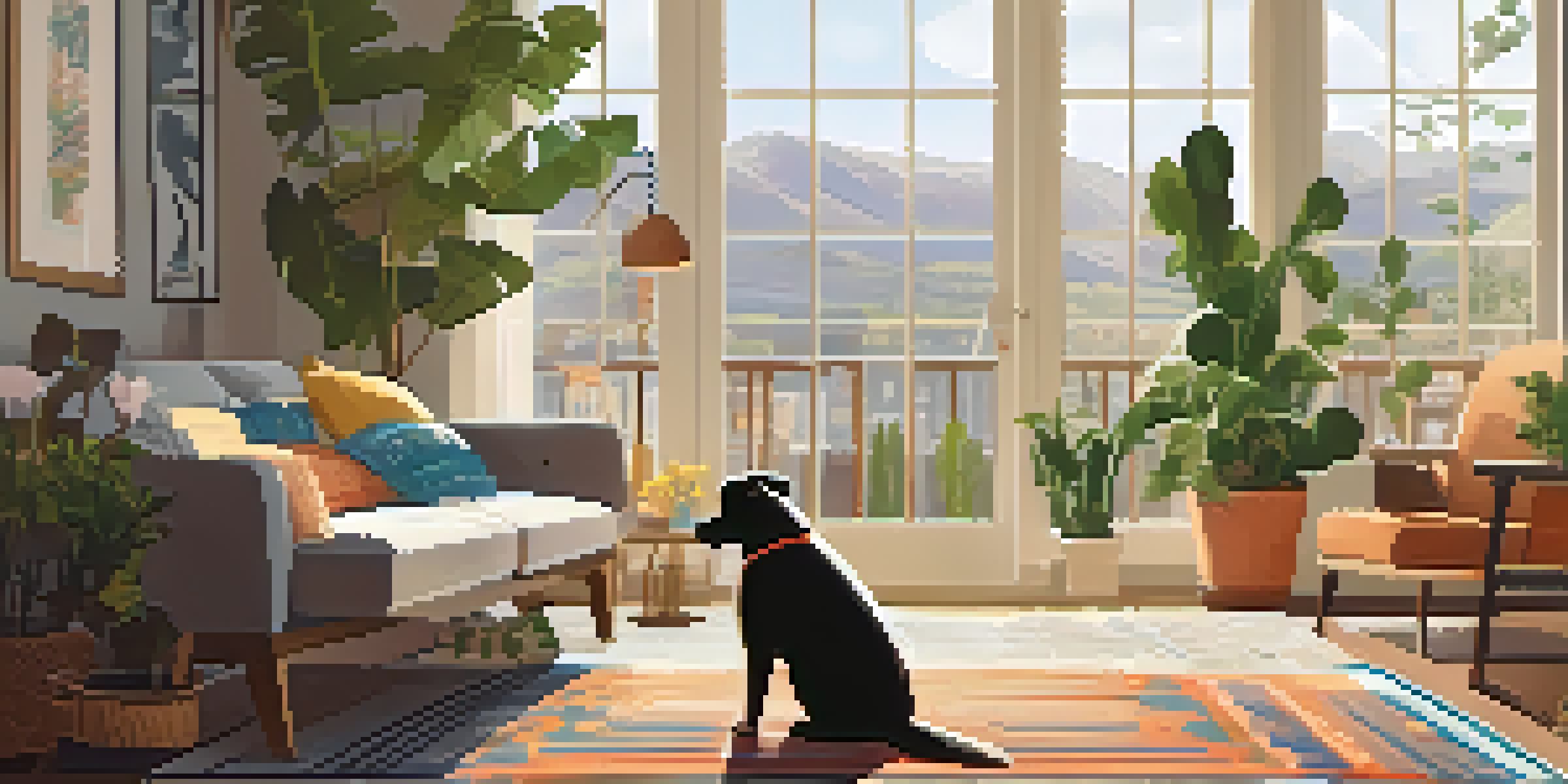 A comfortable living room featuring a dog resting on a rug and a cat on the windowsill, with sunlight streaming in, creating a warm atmosphere.