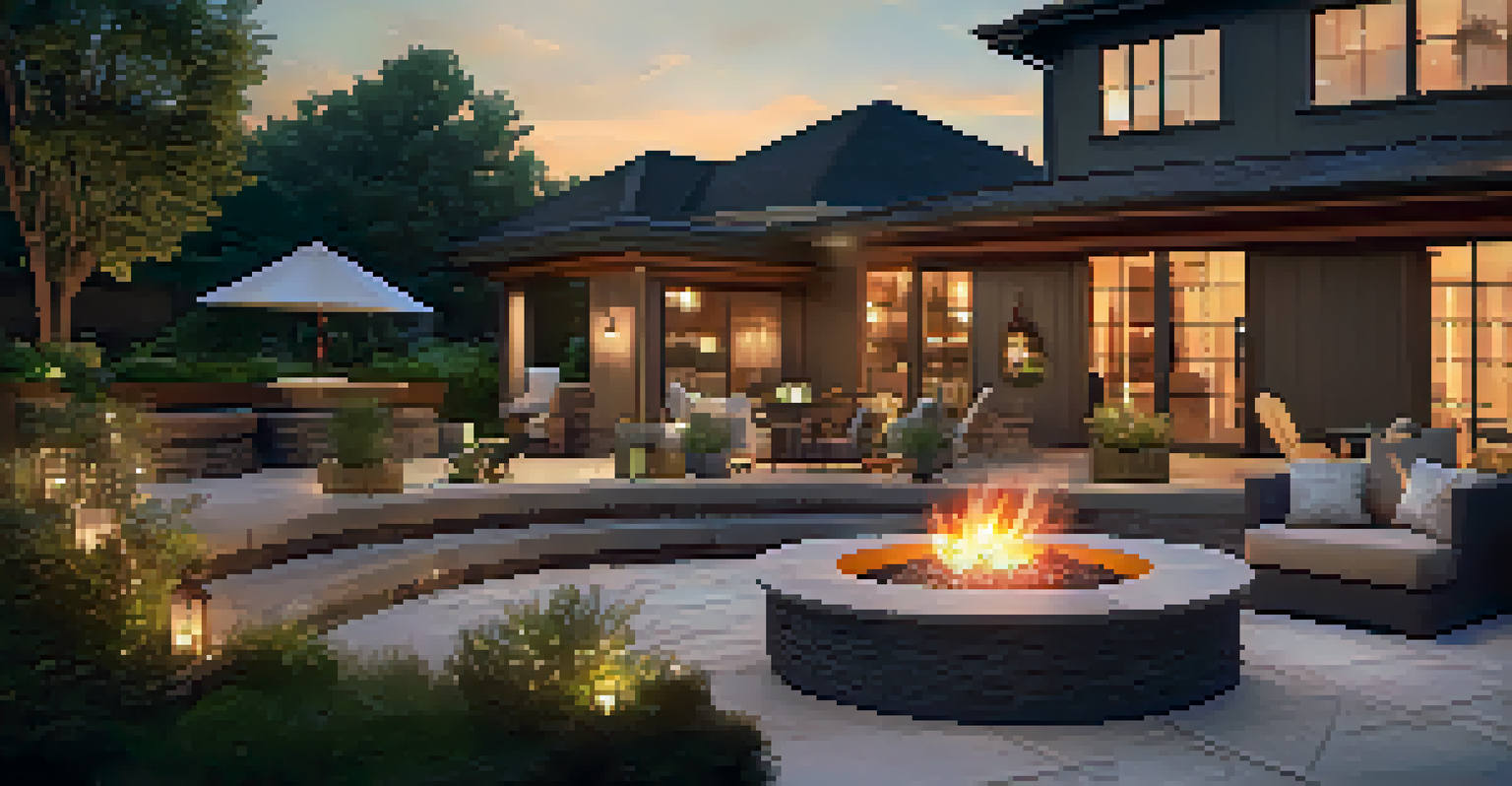 An inviting patio with a decorative fire pit and stylish seating, illuminated by warm fairy lights, creating a cozy ambiance.