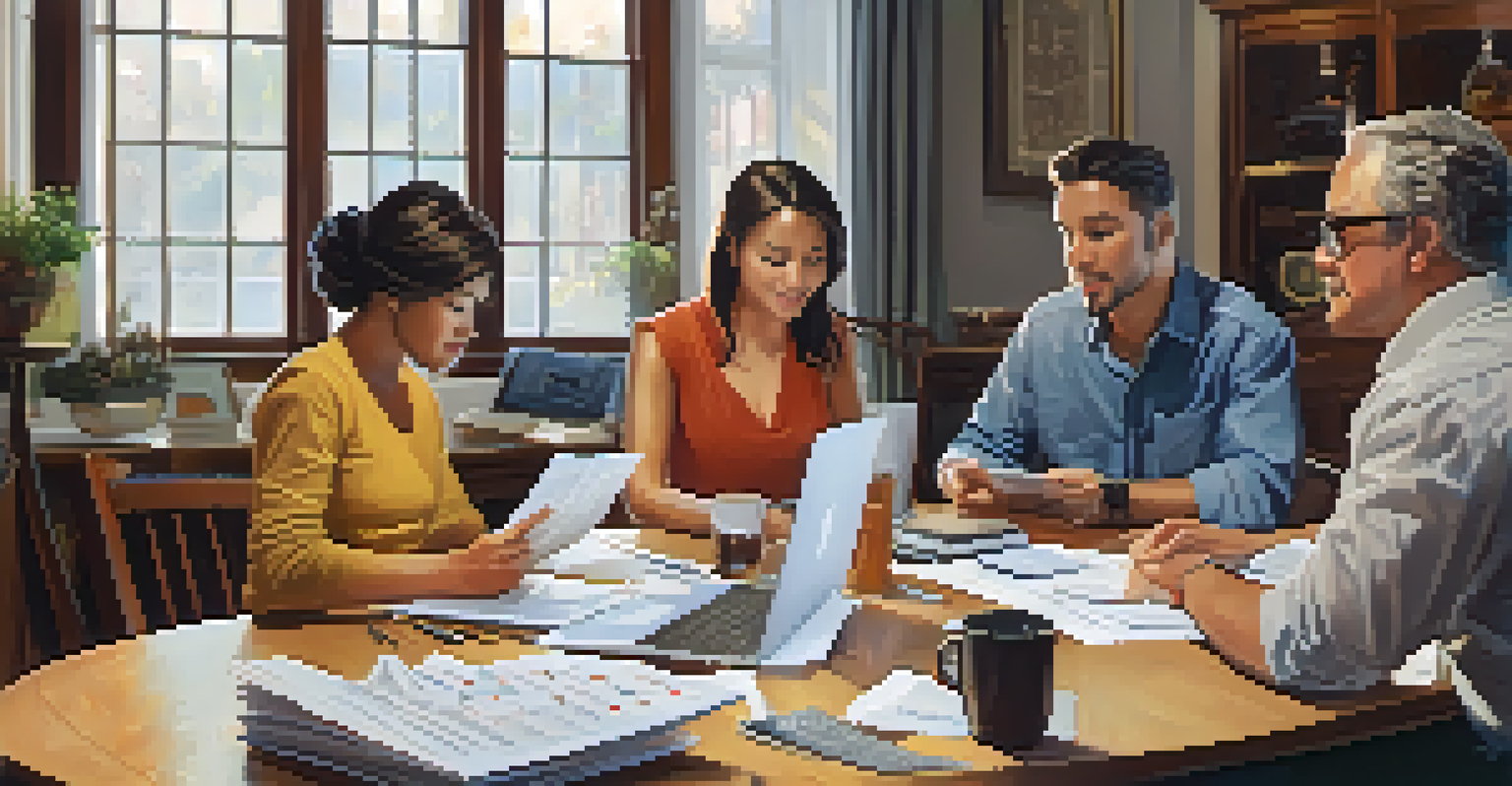 A multi-generational family collaborating on budgeting and financial planning at a dining table.