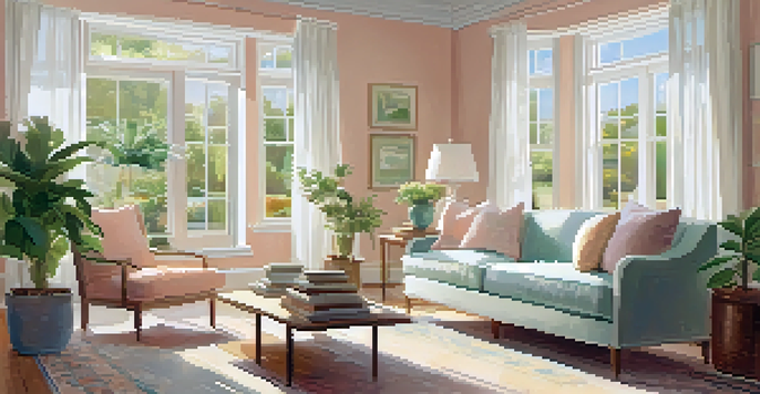 A sunny living room filled with natural light, featuring large windows, pastel walls, and light furniture, with a cozy reading nook.
