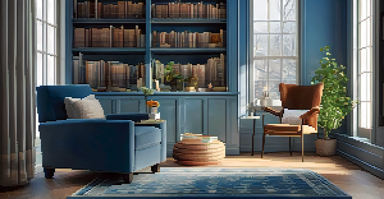 A serene reading nook with an armchair, bookshelf, and warm lighting, painted in blue tones, creating a cozy and inviting atmosphere.
