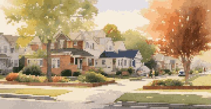 A peaceful suburban neighborhood with families and pets during sunset, featuring diverse homes and lush gardens.