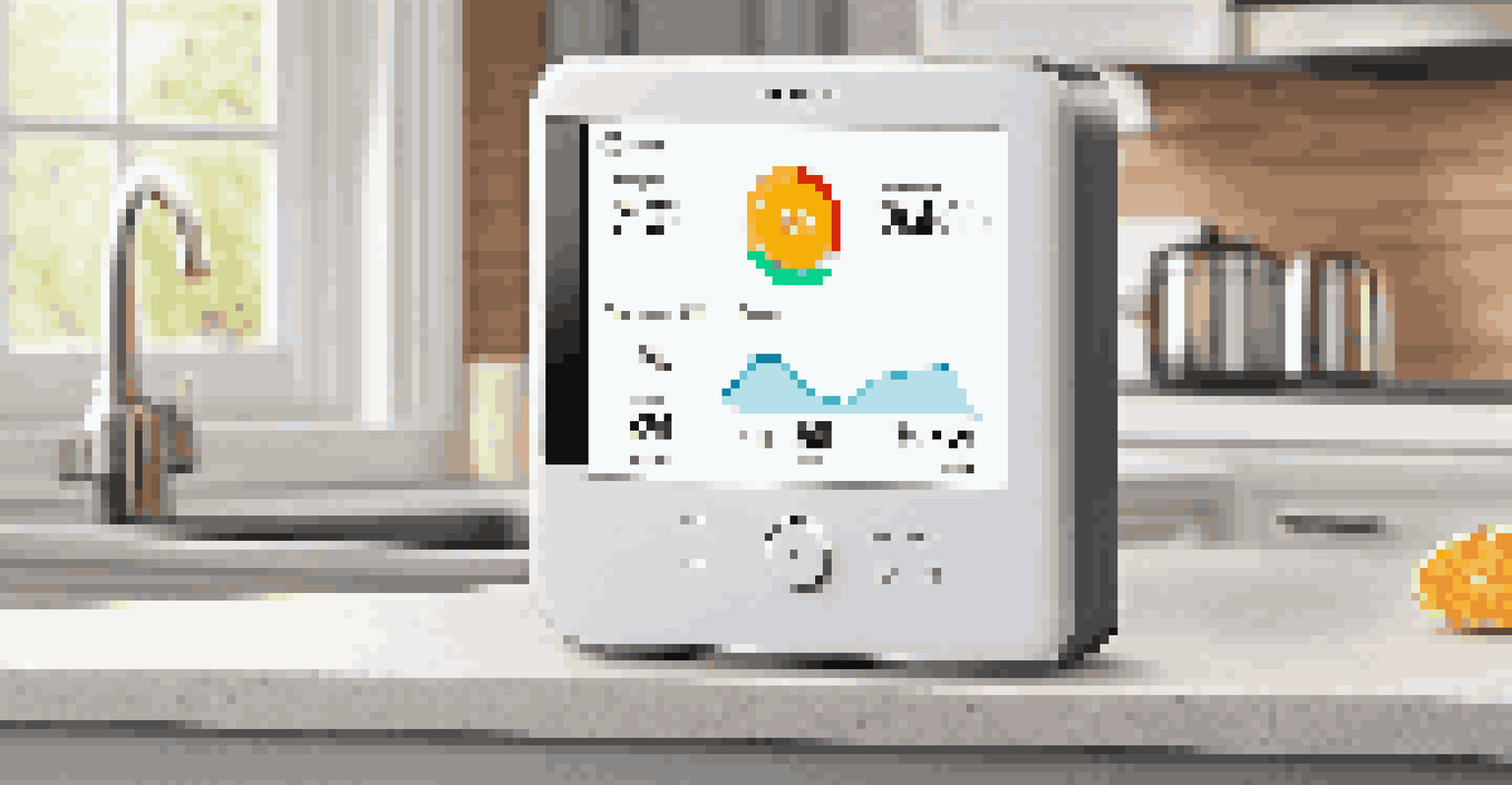 A close-up of a smart thermostat in a stylish kitchen, showing energy usage statistics on its screen.