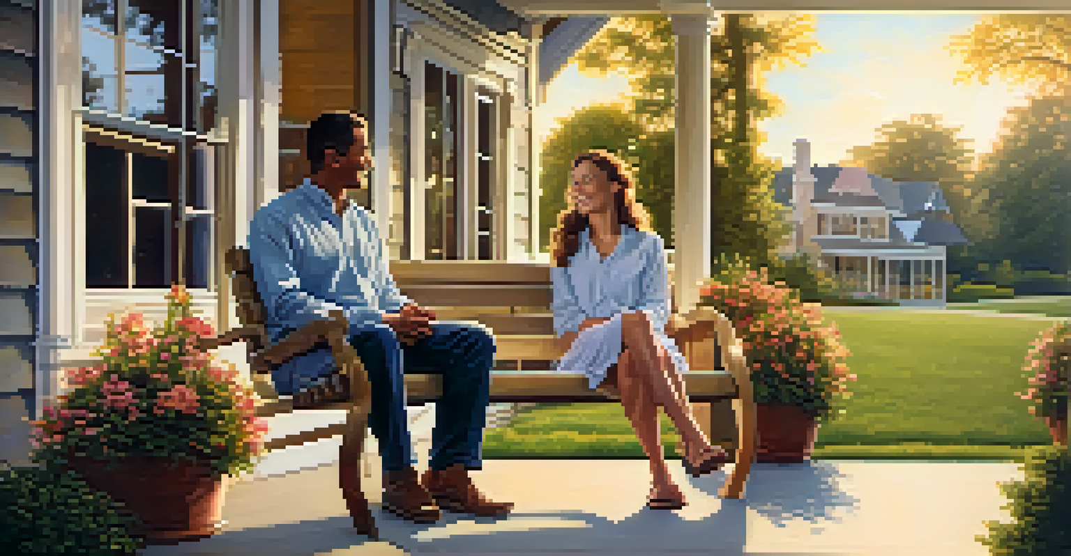 A couple enjoying a peaceful moment on a porch swing with a sunset and garden in the background.