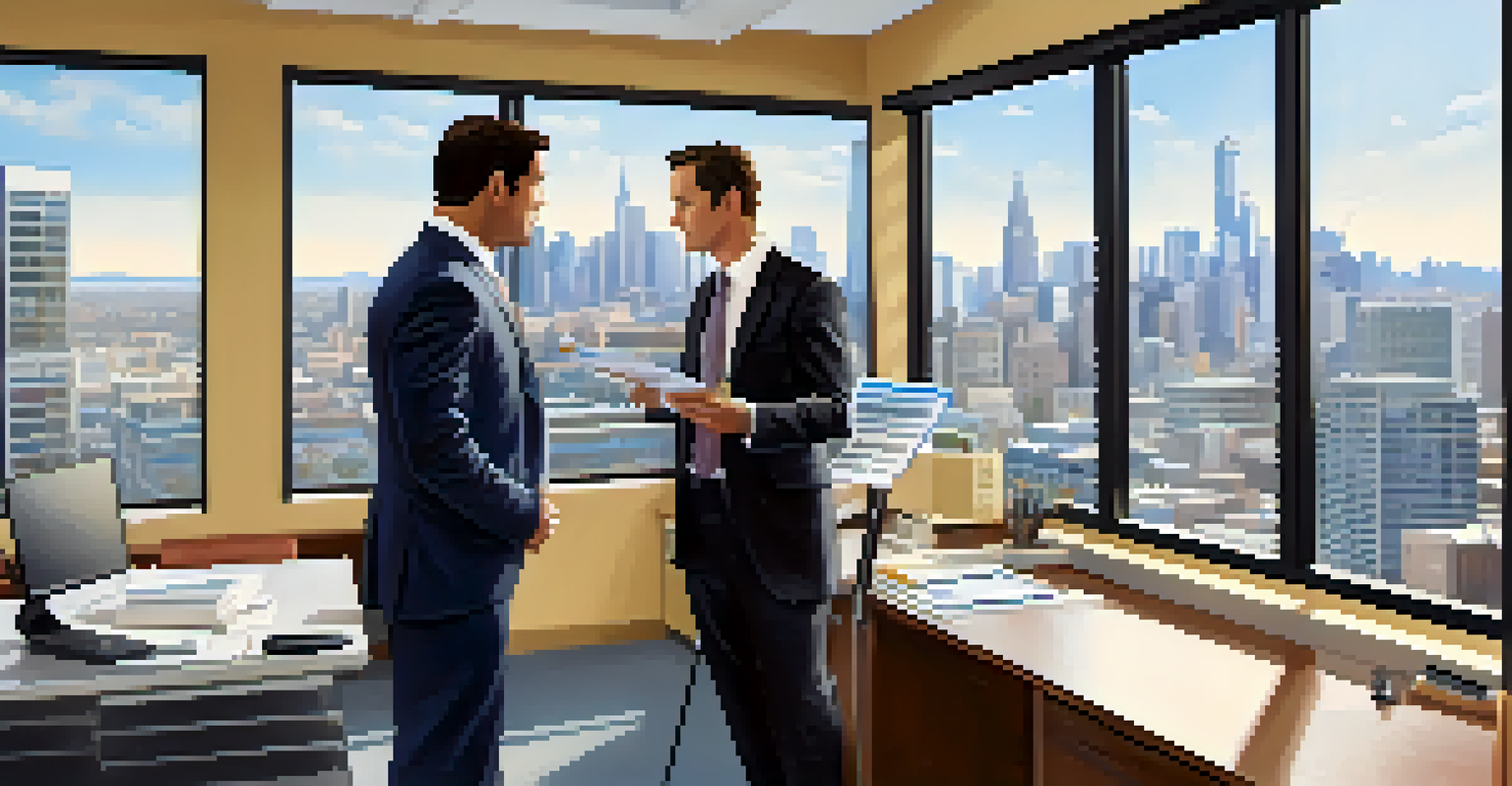 A realtor and a home inspector discussing findings in a bright office, with a city skyline visible through the window.