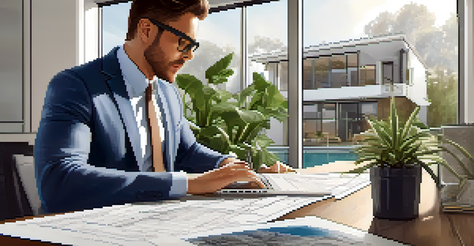 A real estate investor studying blueprints at a modern workspace with a laptop and plants.