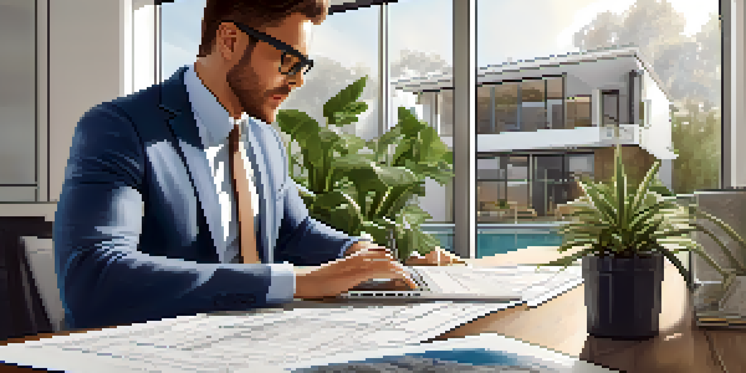 A real estate investor studying blueprints at a modern workspace with a laptop and plants.