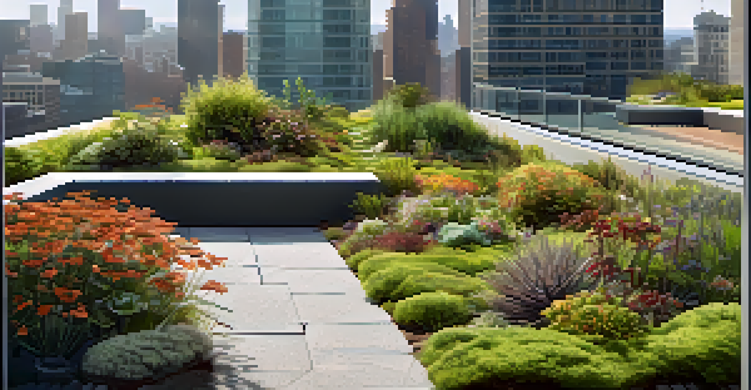 A close-up of a green roof garden with various plants and a stone pathway, set against a city skyline.