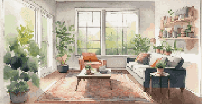 A bright and inviting suburban living room filled with natural light, featuring modern furniture and a cozy atmosphere.