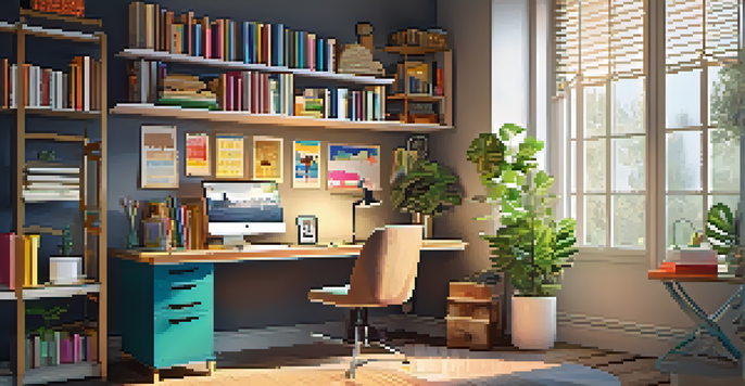 A well-organized home office with wall-mounted shelves, a stylish desk, and warm natural lighting.