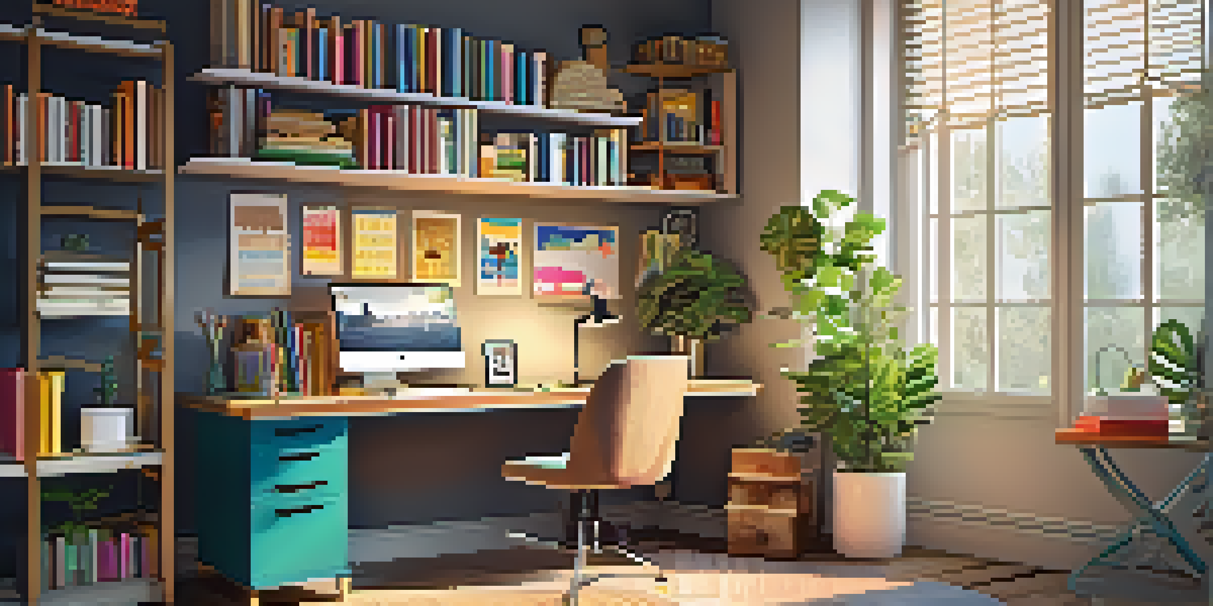 A well-organized home office with wall-mounted shelves, a stylish desk, and warm natural lighting.