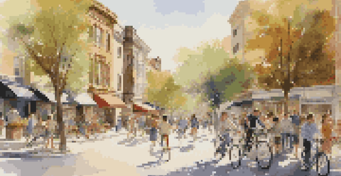 A lively urban neighborhood featuring modern and traditional buildings, with families, young professionals, and children enjoying the outdoors in sunlight.