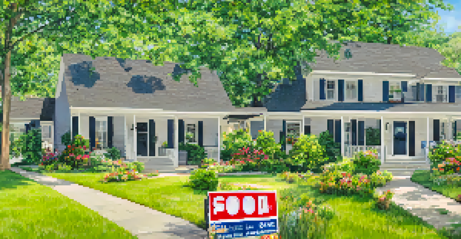 A close-up of a 'For Sale' sign in front of a family home with a beautiful garden.