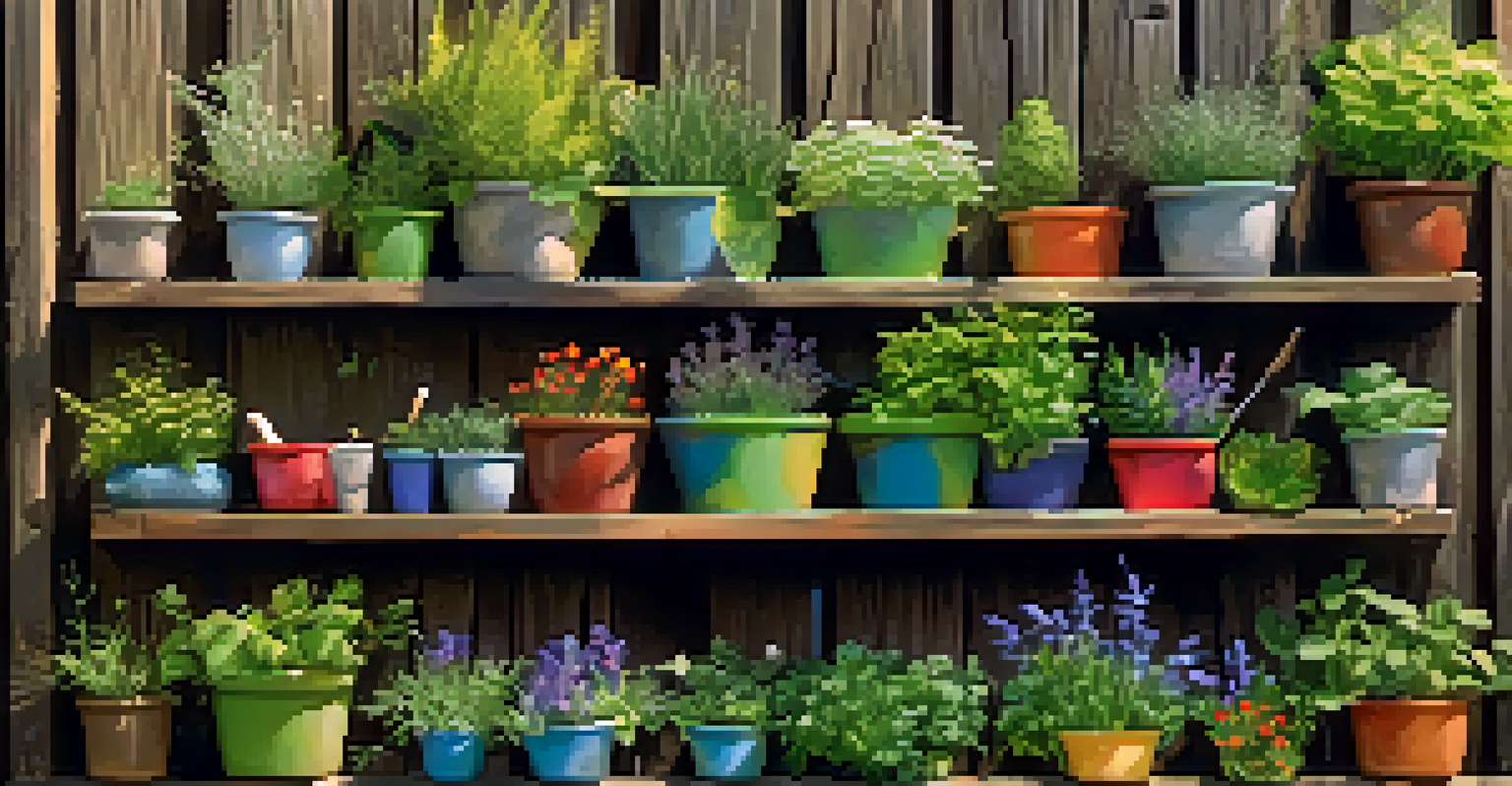 A vibrant vertical garden on a wooden fence with herbs and flowers in repurposed containers.