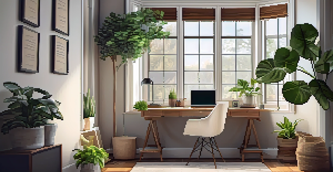 A cozy home office with a desk, laptop, and houseplants, illuminated by natural light from a window.