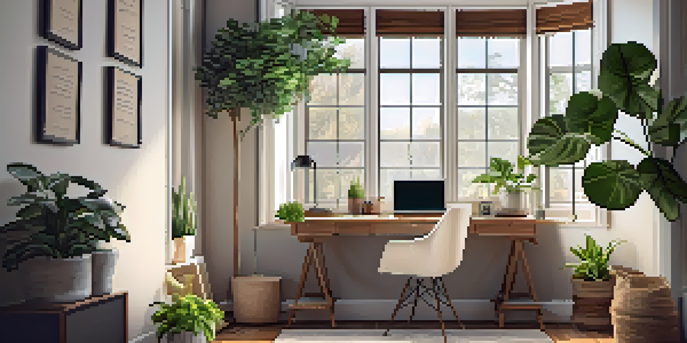 A cozy home office with a desk, laptop, and houseplants, illuminated by natural light from a window.