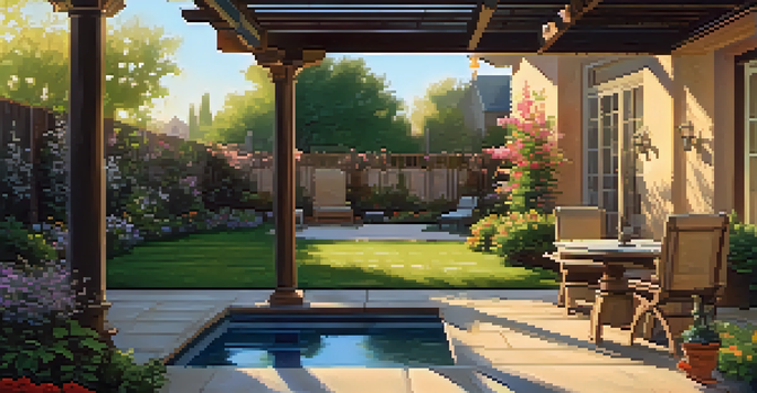 A tranquil backyard garden with flowers, a fountain, and a seating area under a pergola.