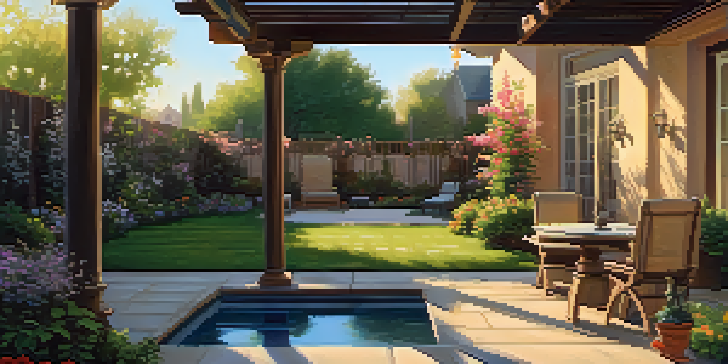 A tranquil backyard garden with flowers, a fountain, and a seating area under a pergola.