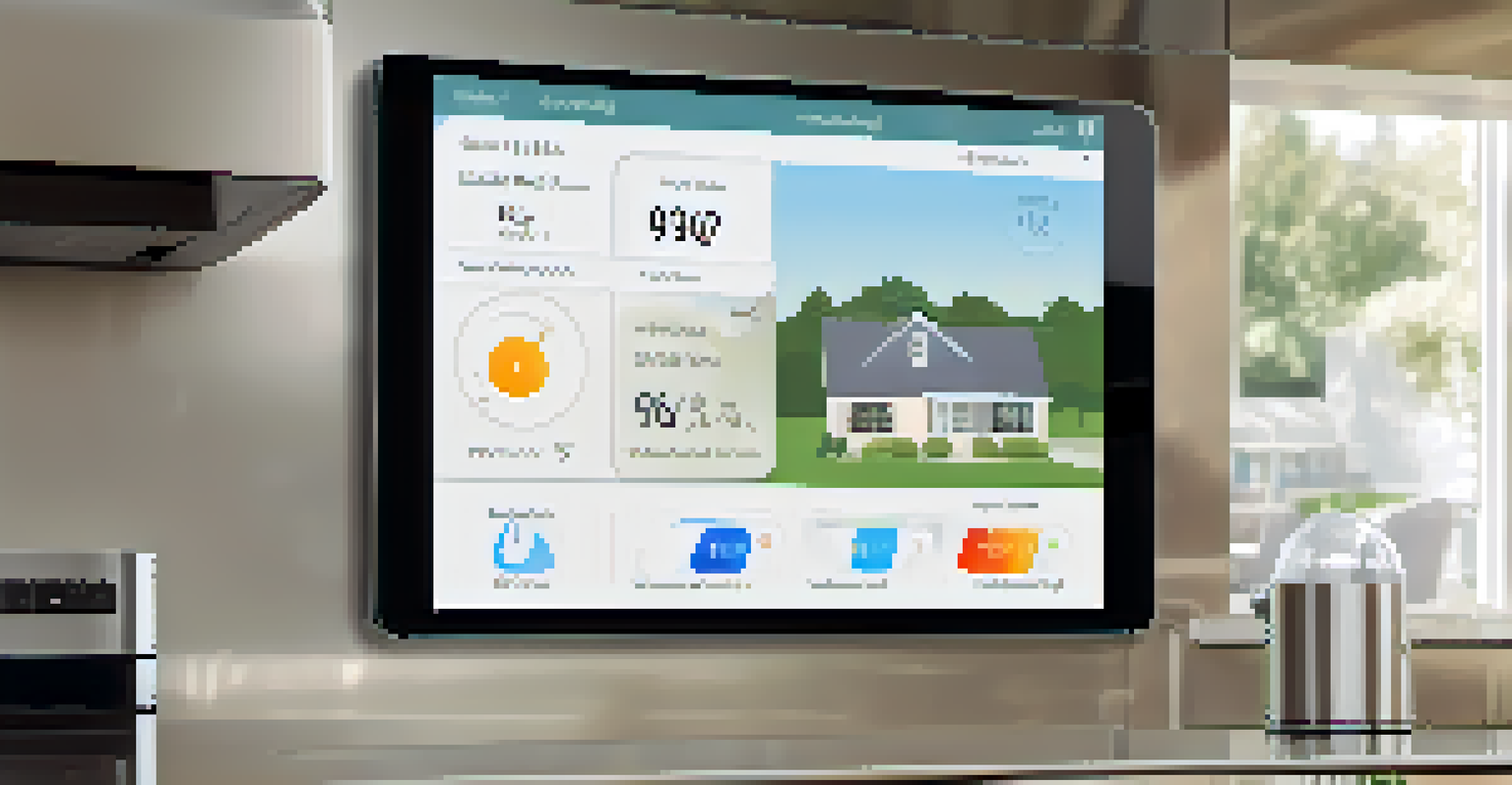 A smart home monitoring system screen showing alerts in a modern kitchen setting.