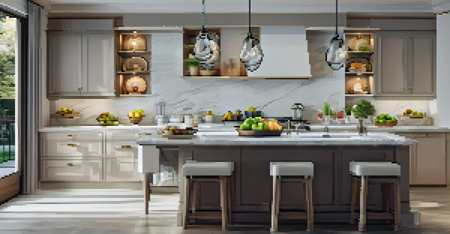 A modern kitchen with marble countertops and sleek appliances, featuring decorative elements and soft lighting.