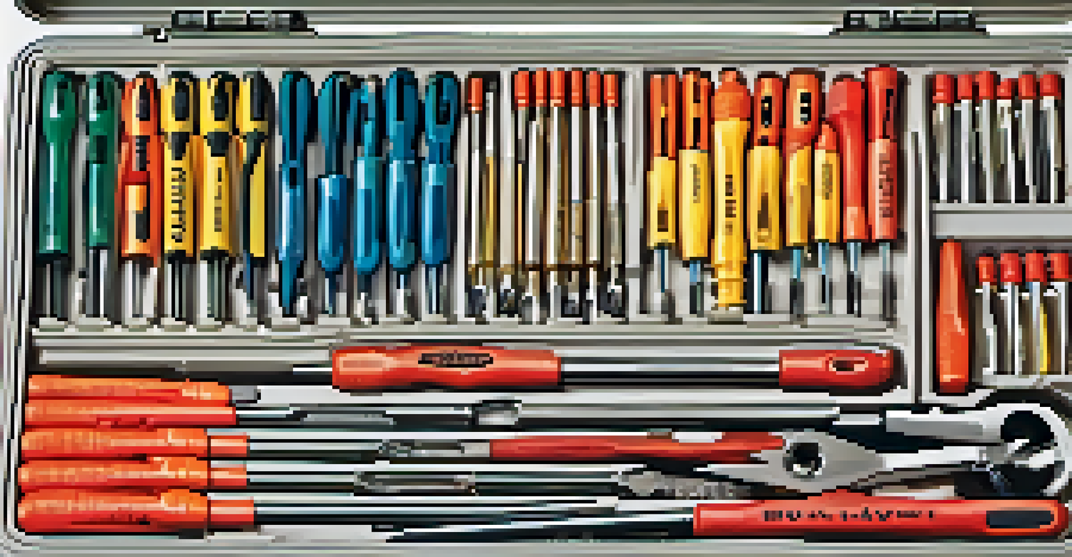 An open toolbox filled with colorful screwdrivers on a light surface, illuminated by soft light.
