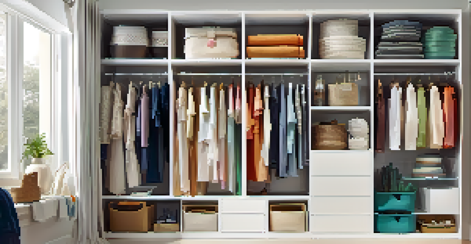 Clear storage containers on shelves filled with colorful accessories and clothing in an organized closet.