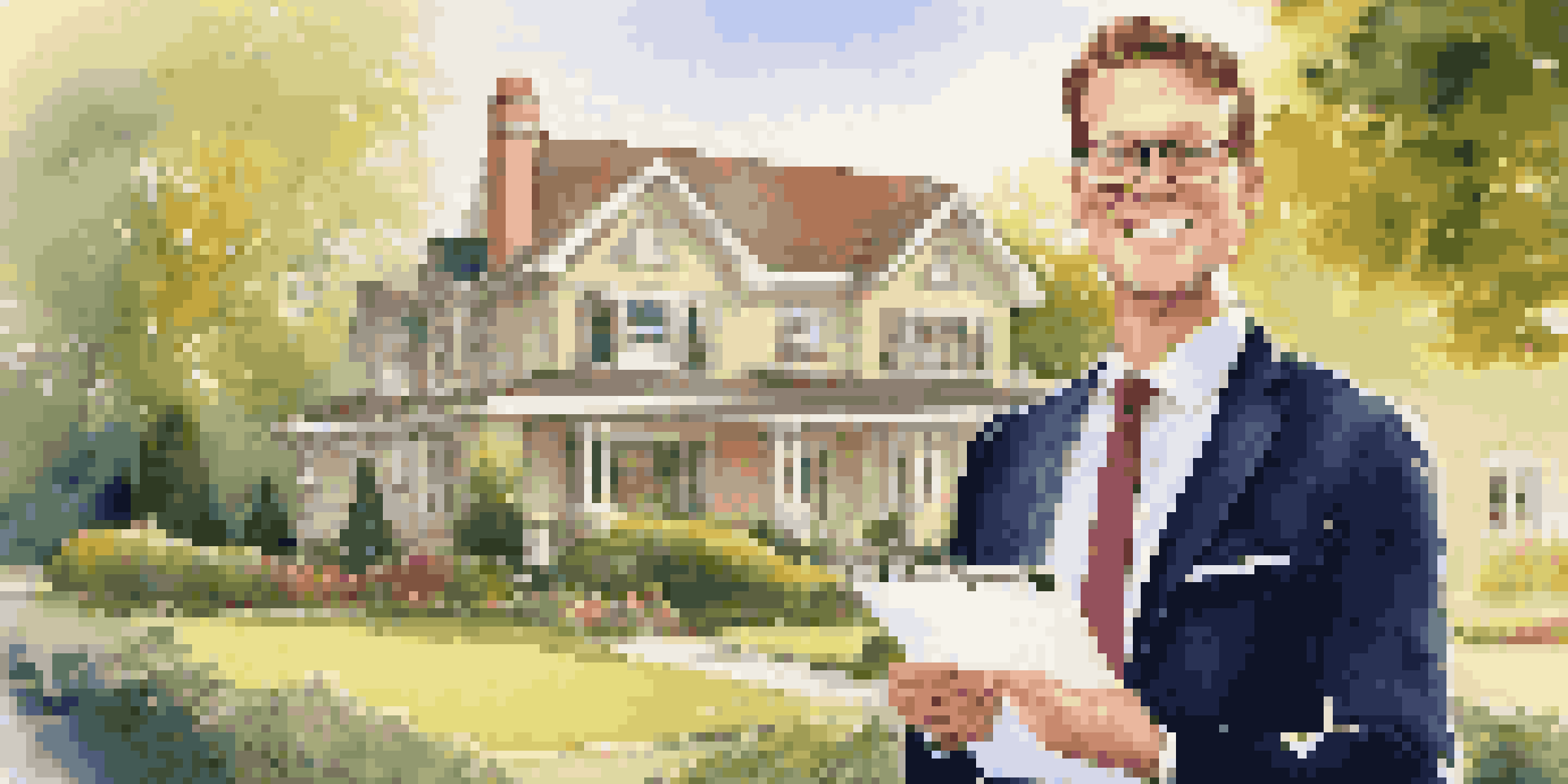 A real estate agent in professional attire pointing at a house during sunset, with greenery around.