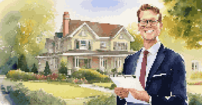 A real estate agent in professional attire pointing at a house during sunset, with greenery around.