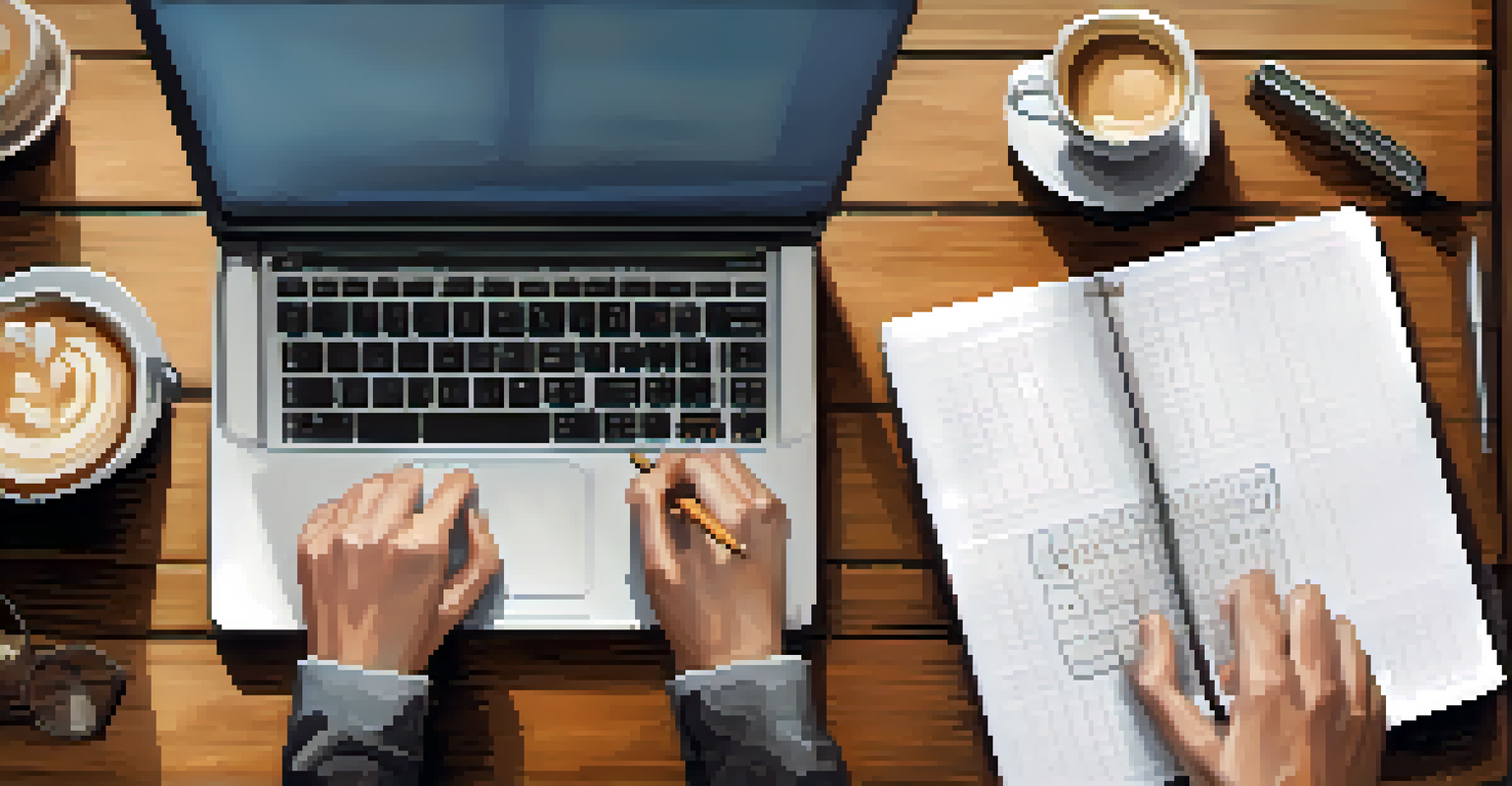 Hands typing on a laptop with a notepad and a cup of coffee on a wooden table.